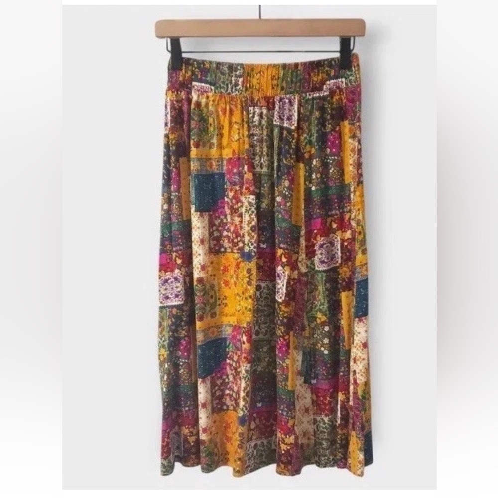 Natural Life Betsy Patchwork Floral Midi Skirt Small Split Front Boho Peasant